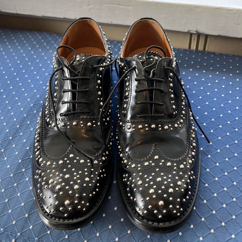 Church’s black leather studded women’s shoes